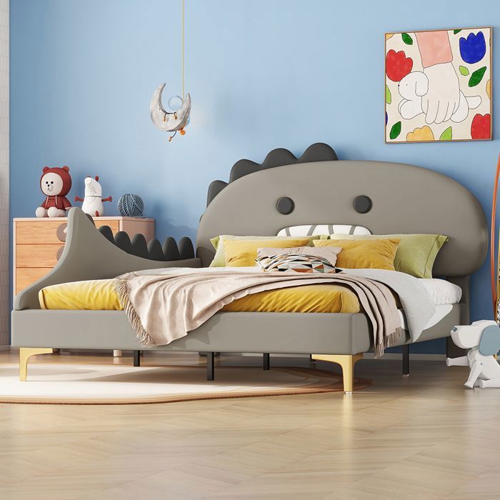 Lit jeune 140x200 cm Lit denfant Cartoon Dinosaur Form Lit plat PU Material Gris