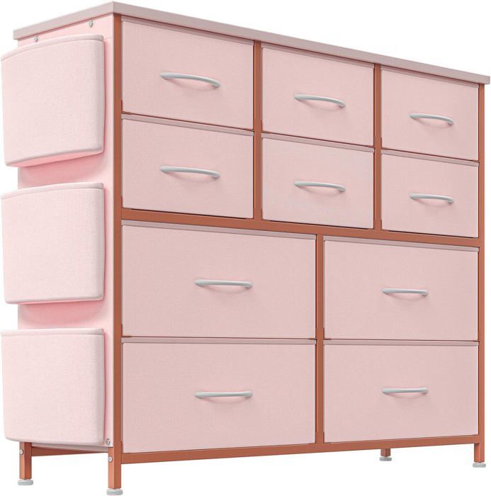 Commode de chambre avec 10 Tiroirs en Tissu Commode de Rangement Cadre en Acier Dessus en Bois 99*30*100cm - Rose