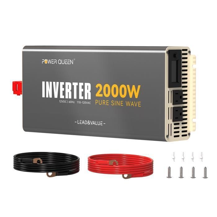 Power Queen 2000W Onduleur sinusoïdal pur convertisseur dénergie solaire 12V DC à 220V-240V AC avec 2 sorties AC écran LCD