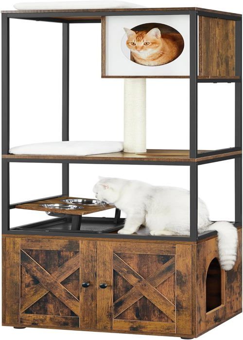 Comparer les prix de Arbre À Chat,Maison Pour Chat Avec Cache-Litière,Gamelles Surélevées,Poteau À Griffer En Sisal,Tapis Lavables,Marron Rustique Pct3