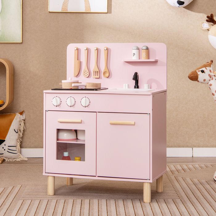 GOPLUS Cuisine D’angle En Bois Avec Lumières, Sons Et Accessoires – Jouet D’imitation 3 Ans+ (rose)