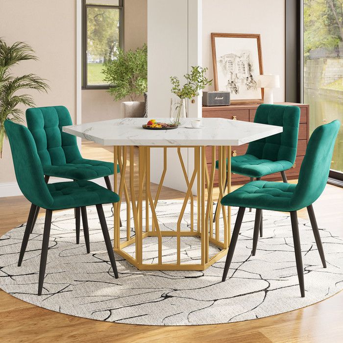 Table Salle à Manger - Hexagonale - MDF Imitation Marbre - 4 Chaises Velours Vert - Pieds Dorés