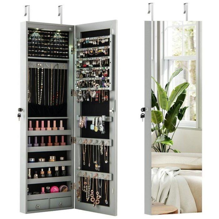 Armoire à Bijoux Murale - RELAX4LIFE - Éclairage LED - Porte avec Serrure - 2 Tiroirs - Peu Encombrante - 35 5X10X120CM - Gris