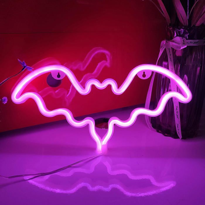 Lampe néon chauve-souris alimentée par USB ou 3 piles AA violet