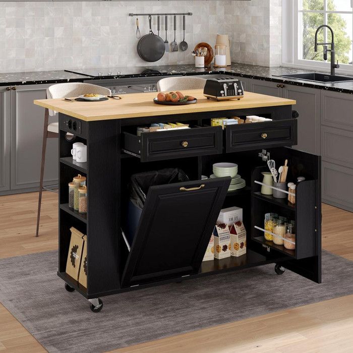Îlot de cuisine avec roulettes table à manger extensible Ilot central avec compartiment poubelle et porte-serviettes noir