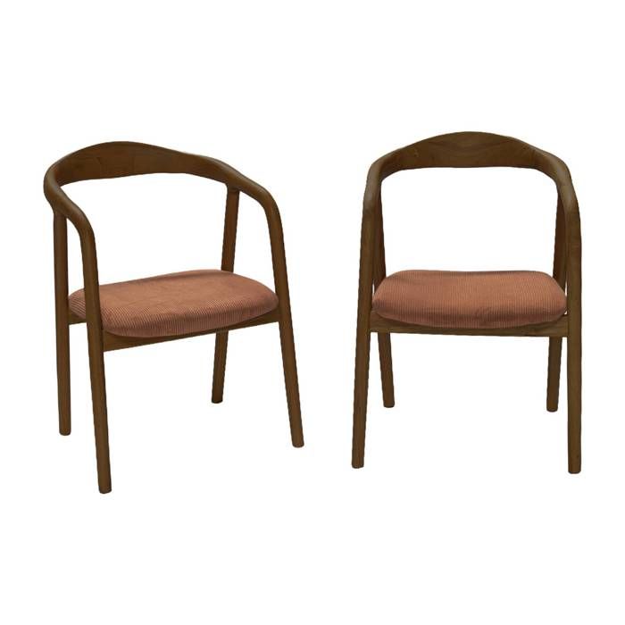 Lot de 2 fauteuils vintage bois dhévéa noyer et velours côtelé terracotta - L 55 x P 58 x H 79 cm