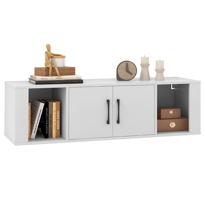 Meuble Étagère Murale à 2 Portes COSTWAY Armoire de Rangement Flottant à 2 Cubes Ouverts sous Télévision Bureau de Console Blanc