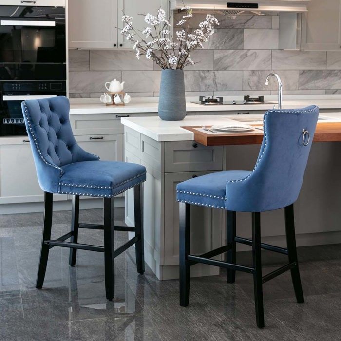 Tabouret de bar - Moderne - Revêtement velours bleu - Dossier haut capitonné avec rivets - Lot de 2