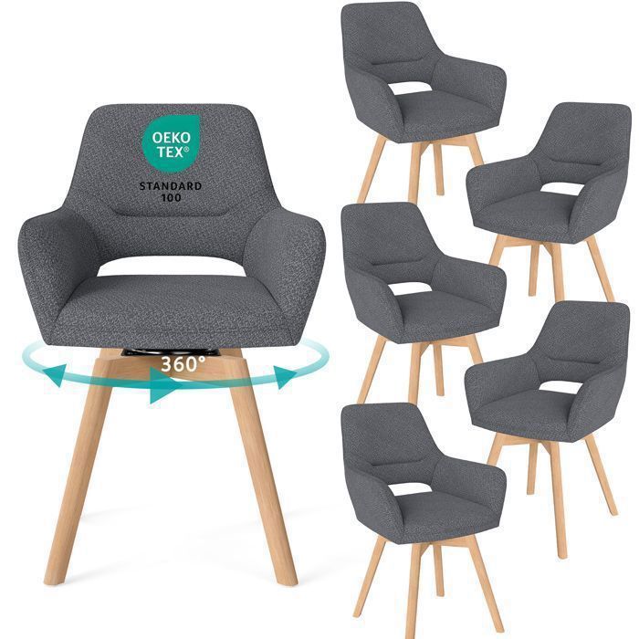 WAFTING Lot de 6 Chaise Salle à Manger Pivotante à 360° Chaises de réception en Chenille et Bois Massif Gris Foncé