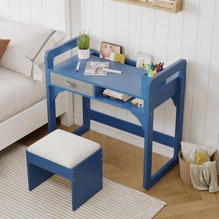 Ensemble Table et Chaise pour Enfants Bibliothèque Bureau en Bois-Table détude pour Chambre Enfant de 3 à 8 Ans-Bleu