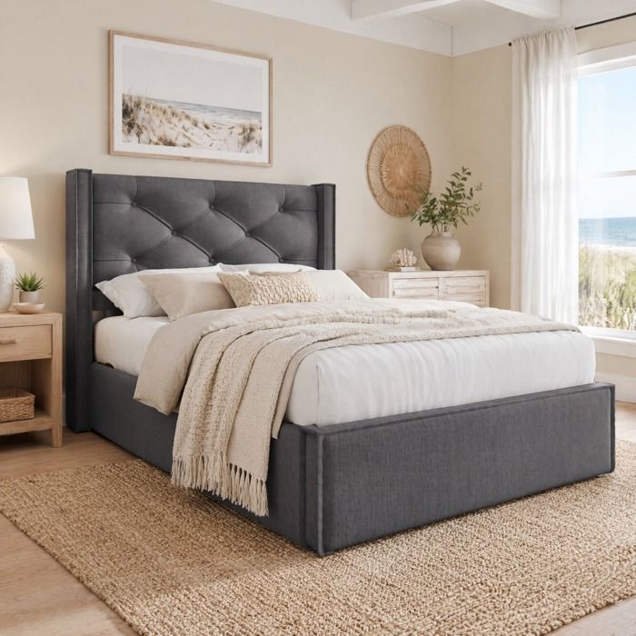 Lit coffre hydraulique 90 x 200 cm EVRYAE avec matelas sommier à lattes relevable rangement gris