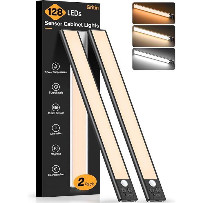 Lampe de Placard LED Super Lumineuses 37.5CM 3 Couleurs&amp 5 Luminosités 4 Modes Détecteur de Mouvement 37.5CM Noir NOI PROJECTEUR