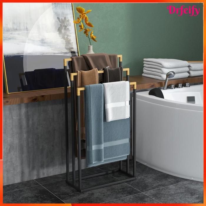 Porte-serviettes sur pieds - AKOZON - 8517 - 3 barres - Bambou & métal - 45 x 22 5 x 86 cm - Noir et naturel