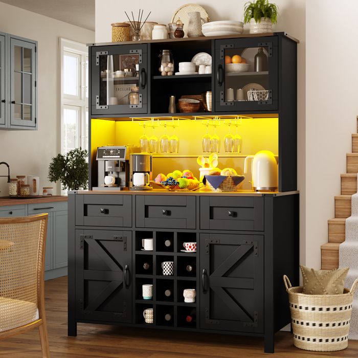 Armoire de cuisine haute - 120x40x170 cm - Noir - 4 portes 3 tiroirs - Ports USB et prises intégrées