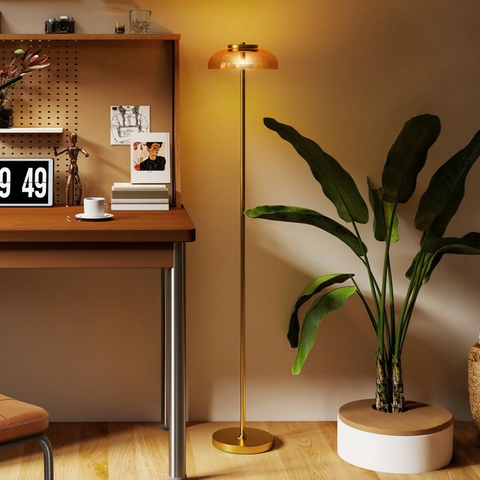 Lampadaire sur pied de salon lampe salon LED avec lumière chaude 3000 K et interrupteur à pied Ø25x134cm ton laiton