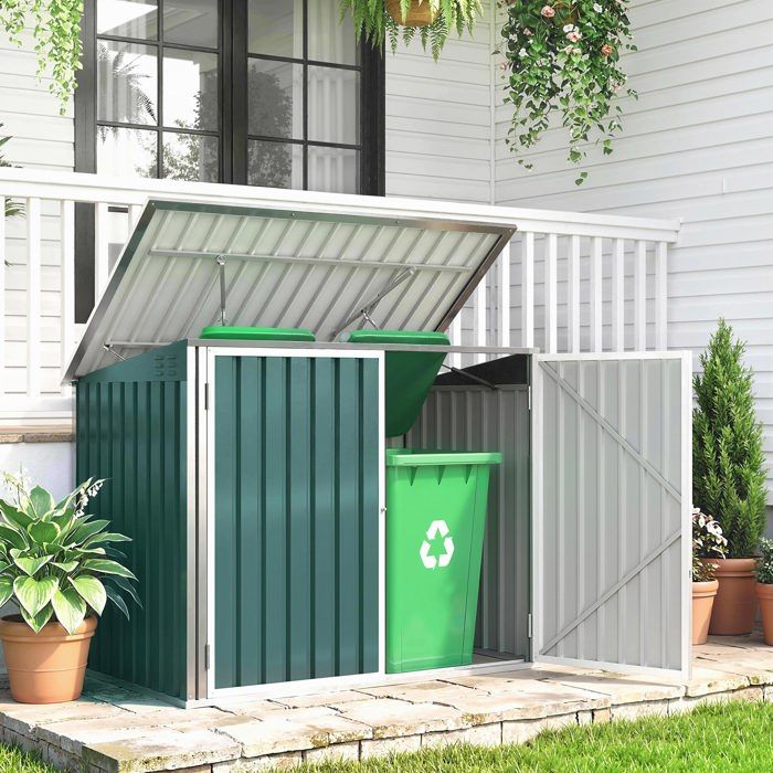 Cache Poubelle Extérieur en Acier Galvanisé pour 2 Poubelles Double Porte Couvercle Pneumatique 180x108x130cm Vert