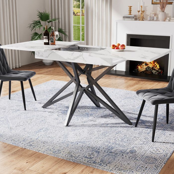Table à manger extensible - TCQPZ - Plateau effet marbre 4 chaises en velours gris pieds métal noirs - Blanc - 120/160×80×661 cm