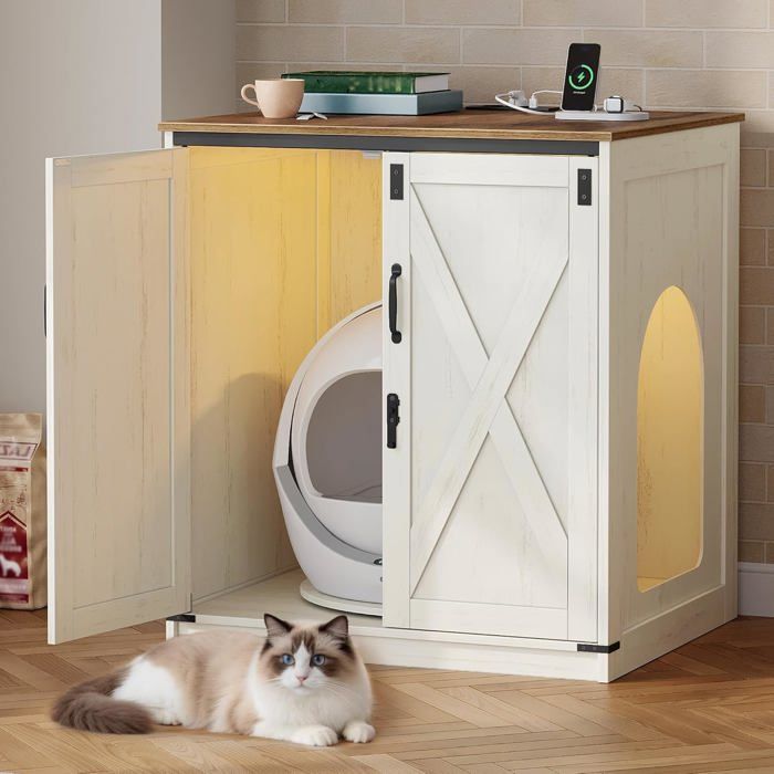 Meuble Litière Chat Dissimulant - 82×70×90 cm Prise Électrique Serrure compatible bacs litière autonettoyants