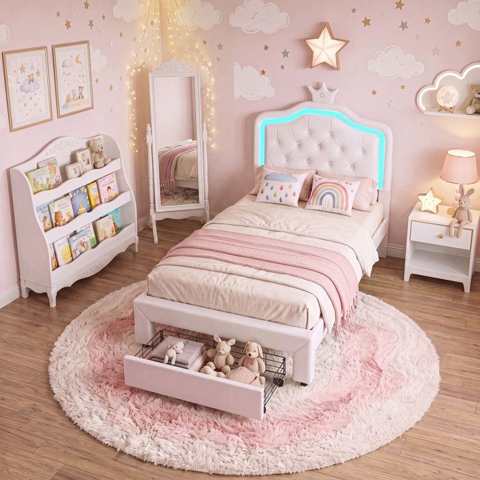 Lit enfant 90x200 cmlit simplelit fillelit adolescentLED1 tiroirtête réglablecouronne princessesommier lattesPUblanc