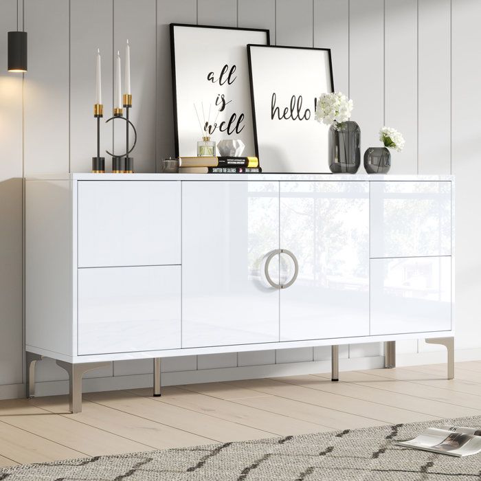 Buffet - MINIMAL - Minimal Home - Blanc laqué - 150×38×595 cm - 4 tiroirs & 2 portes