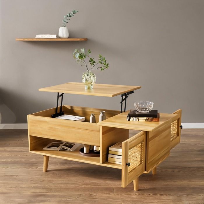 Table basse relevable rectangulaire en panneaux de particules bois et noir porte cannage rotin pour salon
