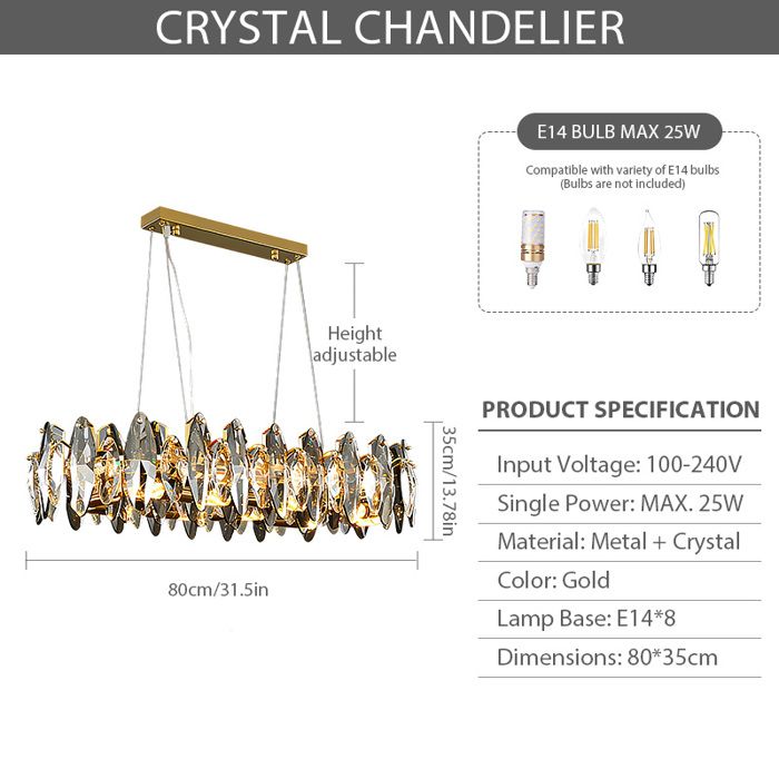 Lustre Linéaire en Cristal 80 cm Suspension Dorée Style