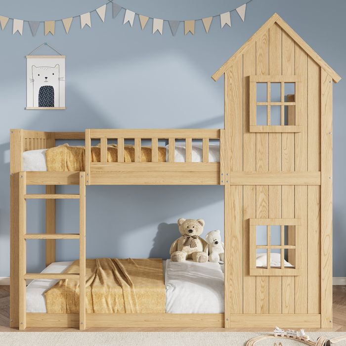 Lit superposé enfant 90 x 200 cm - LEMONBEST - Lit cabine - Pin+MDF - 2 fenêtres - Escalier 3 marches