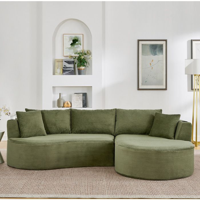 Canapé 3+2 places méridienne droite design courbé velours côtelé porte-gobelets coussins vert