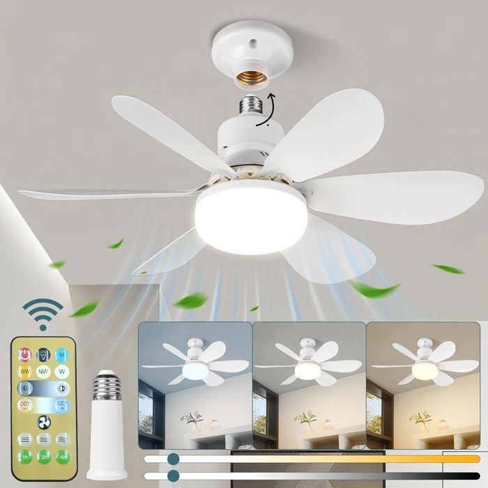 Ventilateur de Plafond LED E27 40W avec Télécommande 6 Pales 3 Vitesses Silencieux Lampe Ventilateur pour Chambre et Salon