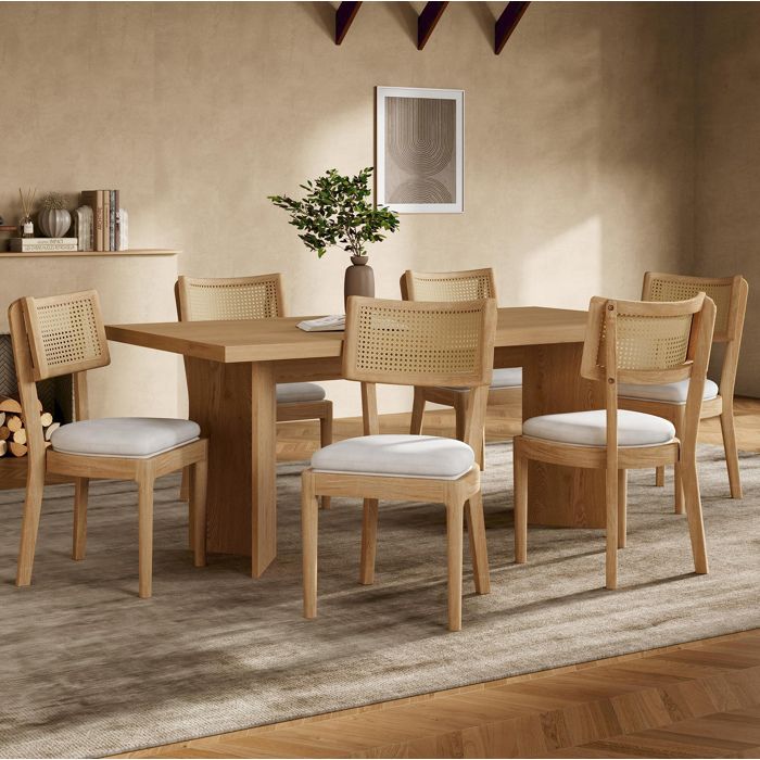 ROVRYN Lot de 6 chaises de salle a manger en bois massif avec dossier en rotin et assise en lin couleur bois