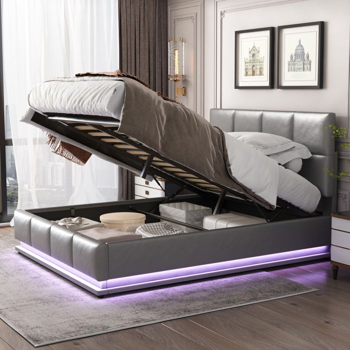 Lit coffre LED - 160 x 200 cm - Éclairage LED 16 couleurs - USB Type‑C - Charge 350 kg