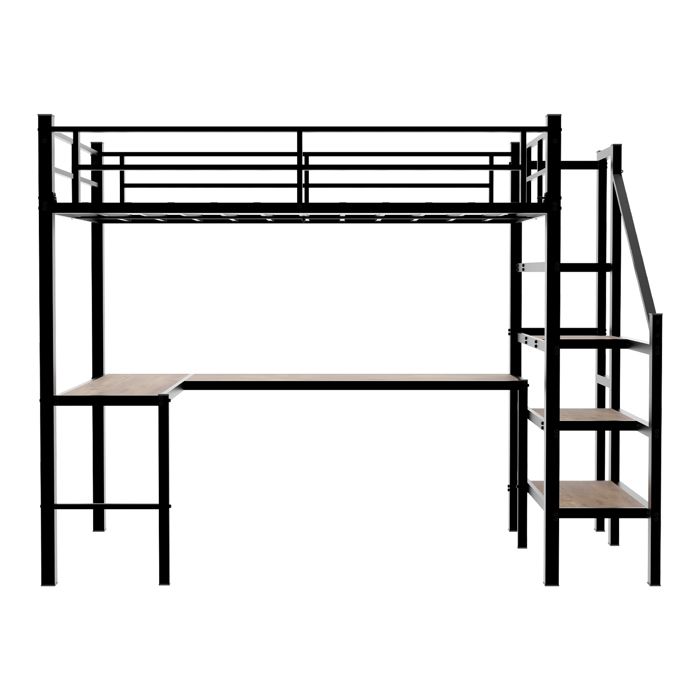 Lit Mezzanine Métal 90x190 cm avec Bureau en L et Étagères - Lit Combiné pour Chambre - Noir