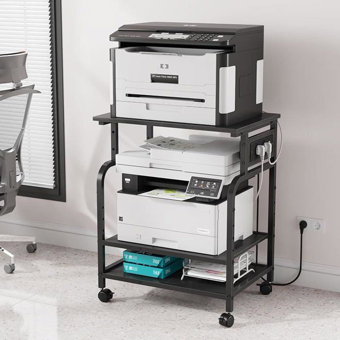 Meuble Imprimante 3 Niveaux avec 2 Prises Port USB et Type-C Support Imprimante 3D Laser sur roulettes Étagère Centrale Noir