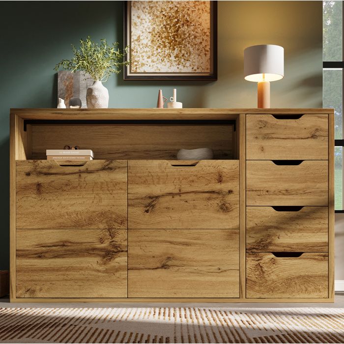 Buffet bas 150x40x90 cm effet chêne avec 2 portes 4 tiroirs étagères réglables soft close JOINERY