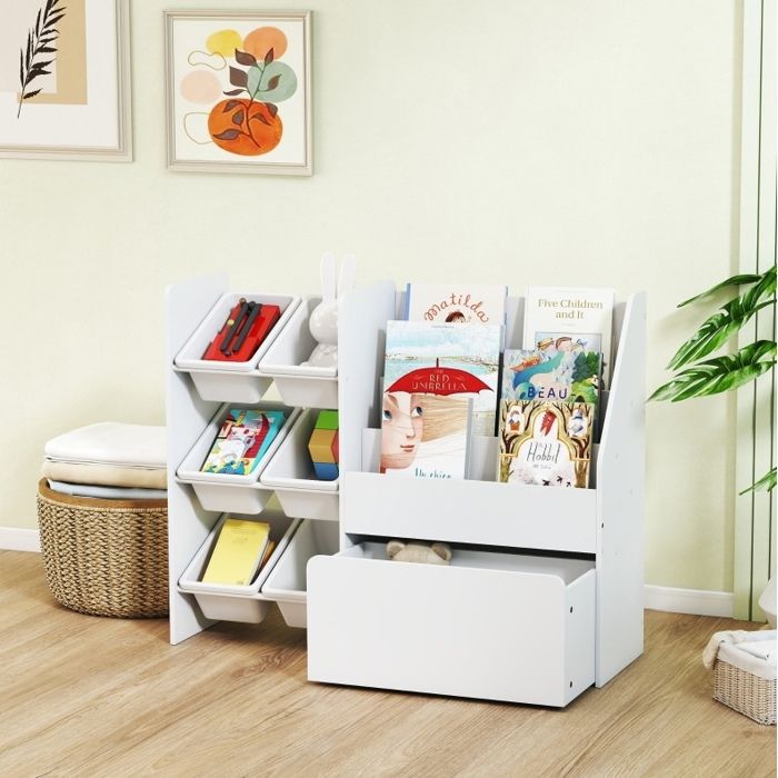 Étagère enfant en bois et acier blanc 100 x 30 x 80 cm avec 6 bacs amovibles et roulettes pour livres et jouets