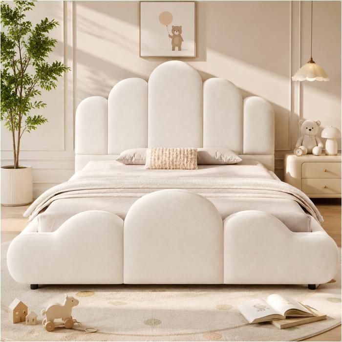 Lit rembourré enfant 140 x 200cm tête de lit rembourrée coins arrondis velours beige Lit rembourré enfant 140 x 200cm tête de lit rembourrée coins arrondis velours beige