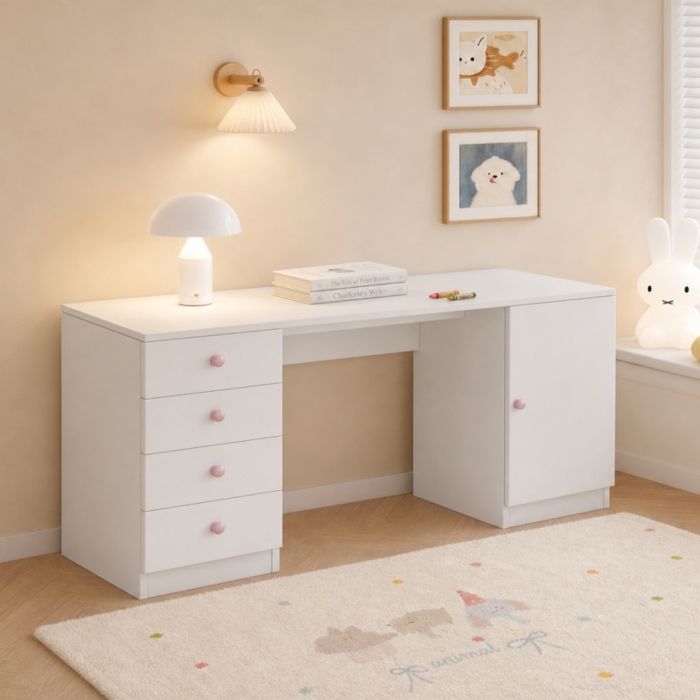 Bureau avec 4 tiroirs et étagère de rangement table de travail ou détude 155 x 45 x 74 cm blanc