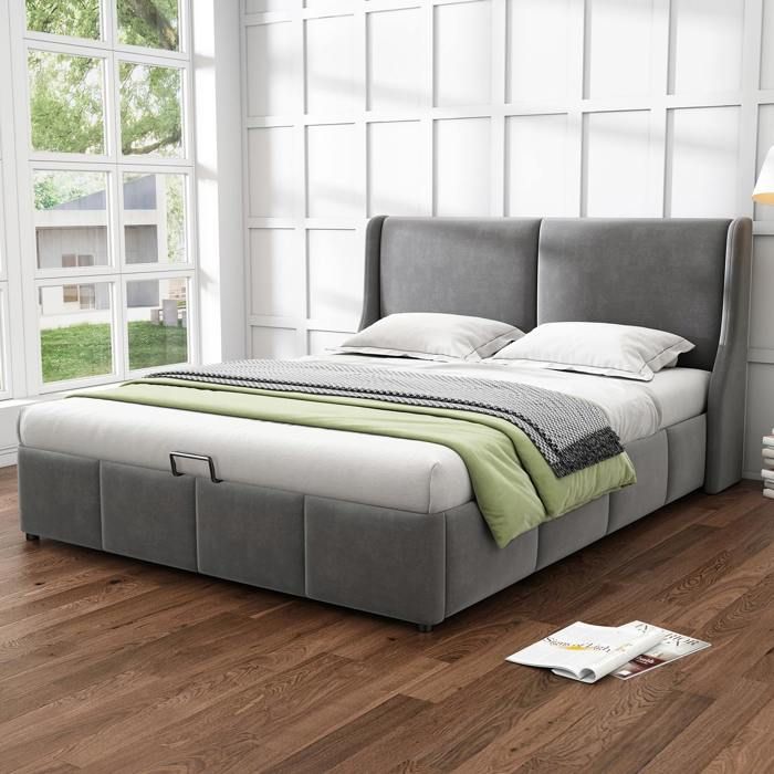 Lit 140x190 cm gris capitonné – tête coussin rangement hydraulique intégré