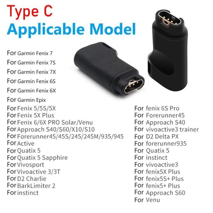 Noir Type C Adaptateur de chargeur de montre intelligente Garmin