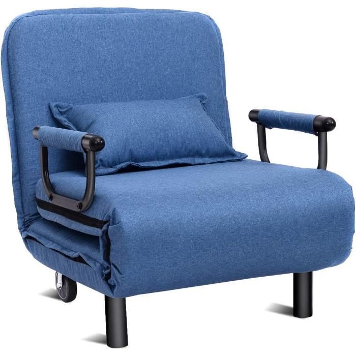 costway fauteuil chauffeuse canapé lit convertible 3 en 1 dossier réglable rembourée d'eponge roue avec frein bleu