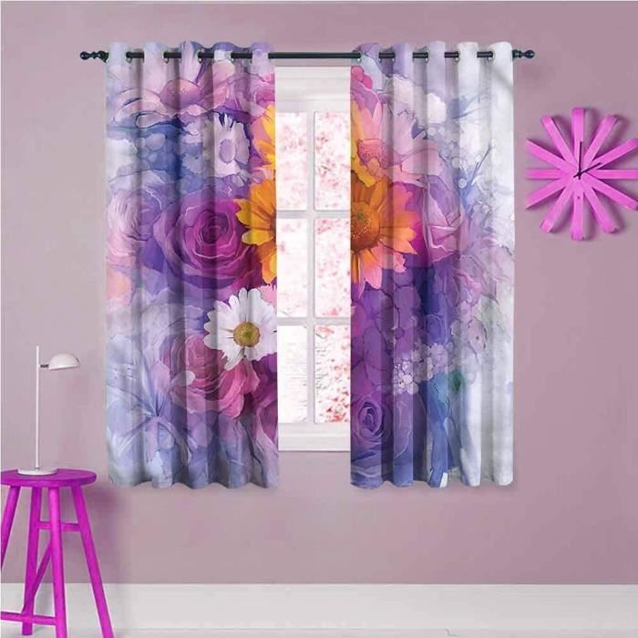 Rideau Occultant Thermique Fleurs Roses - 2 Panneaux 140x250 Cm, Avec Oeillets, Pour Salon Ou Chambre Enfant