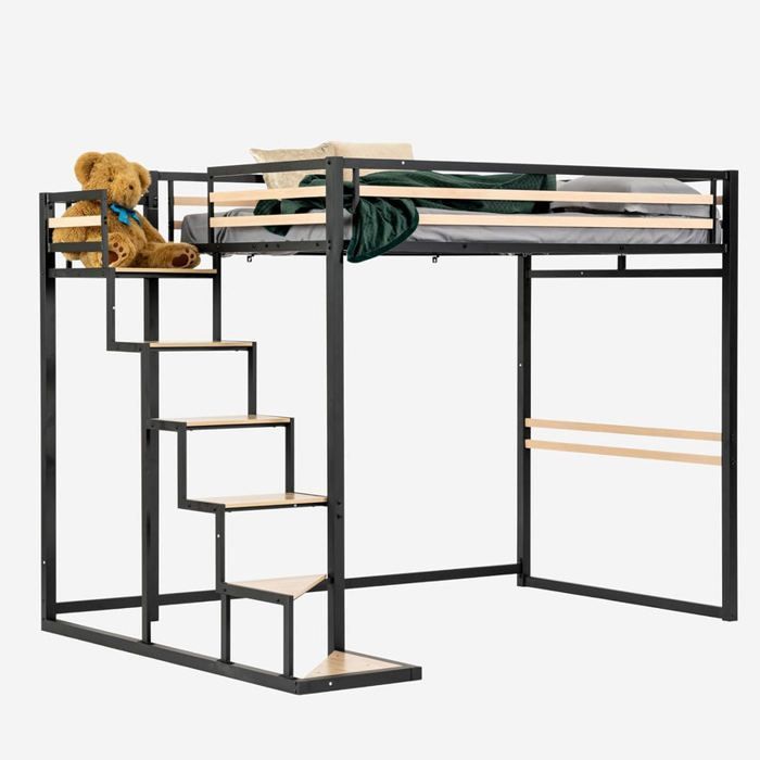 meubles cosy lit mezzanine metal noir et effet transfert bois avec sommier tapissier echelle mdf rangement matelas 140x200cm cdiscount maison