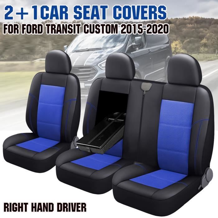 3x Housses de siège de Voiture Pour Ford Transit Custom 2015-2020 RHD Noir+Bleu