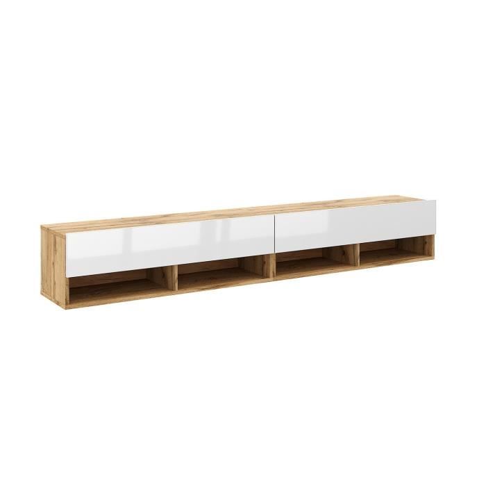 Meuble TV suspendu 2 portes abattants - L200 cm - 200 cm X 32 5 cm X 31 cm - DERBY - Chêne artisan / blanc Meuble TV suspendu 2 portes abattants - L200 cm - 200 cm X 32 5 cm X 31 cm - DERBY - Chêne artisan / blanc