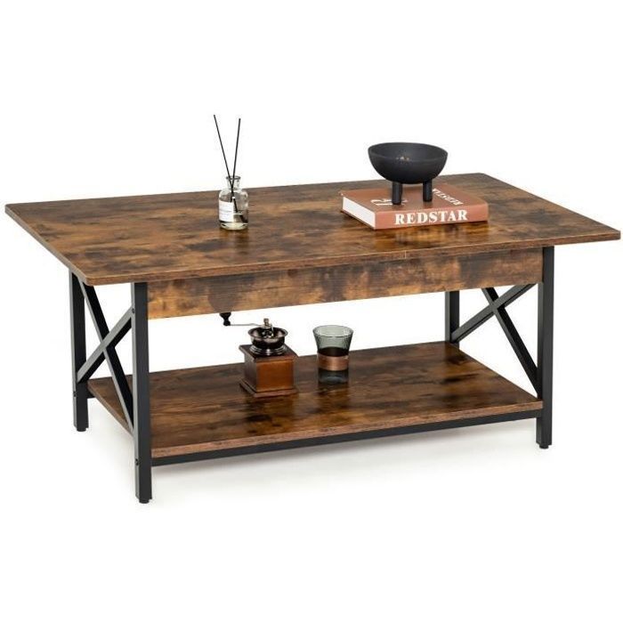 Costway - Table basse ronde en métal et bois de sapin - 3 étagères de