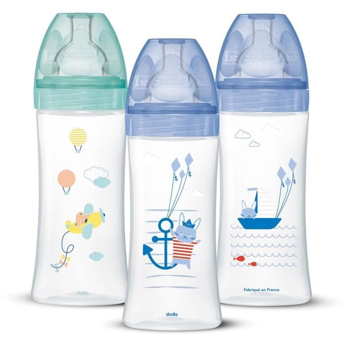 DODIE Lot de 3 Biberons Anti-Colique Sensation+ 330ml +6 Mois, Tétine Plate, Débit 3 - Bleu Mer et V