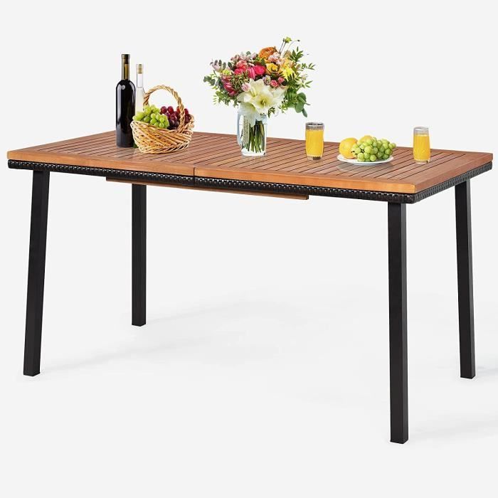 Table de Jardin - GOPLUS - 6 Personnes - Plateau 140x75CM avec Trou de Parasol en Bois dAcacia Certifié FSC- Charge 50KG