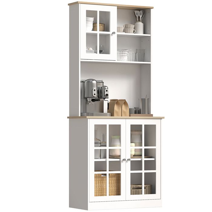 Buffet de cuisine - HOMCOM - meuble rangement haut plan travail 3 portes vitrées 2 niches - bois - 80x37x183cm - blanc chêne