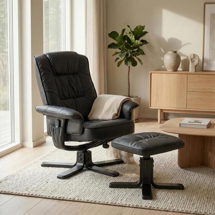 Fauteuil de relaxation avec repose-pieds CHARLY, en synth&eacute;tique noir et pieds laqu&eacute; noir