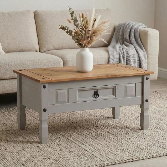 Table basse RAMON table dappoint rectangulaire en pin massif gris et brun avec 1 tiroir meuble de salon style mexicain en bois Table basse RAMON table dappoint rectangulaire en pin massif gris et brun avec 1 tiroir meuble de salon style mexicain en bois